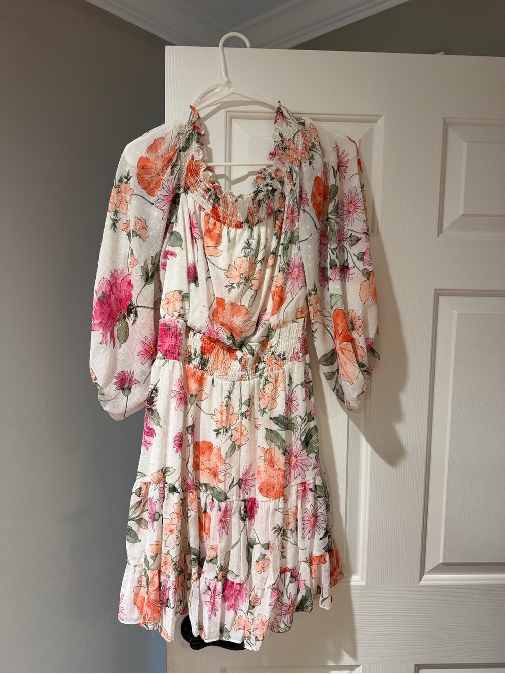Floral Off-Shoulder Smocked Mini Dress in White with Pink & Orange Blooms